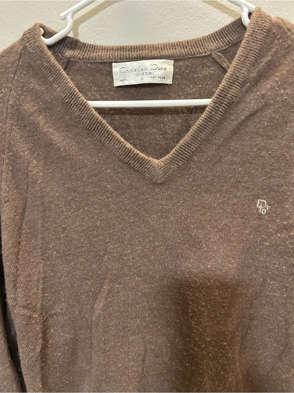 VintageChristian Dior Monsieur Brown V-Neck Orlon Sweater Embroidered Logo 0285